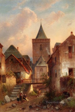 Carlos Leickert Painting - Vista en un pueblo alemán con paisaje de lavanderas Charles Leickert